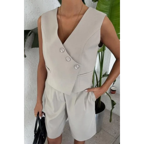Çapraz Düğmeli Ve Bermuda Şortlu Yelekli Takım 10171