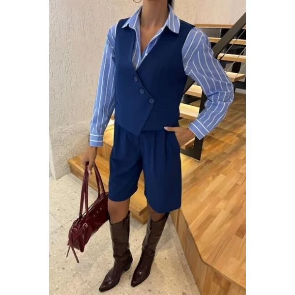 Çapraz Düğmeli Ve Bermuda Şortlu Yelekli Takım 10171