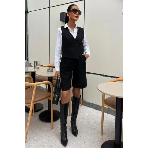 Çapraz Düğmeli Ve Bermuda Şortlu Yelekli Takım 10171