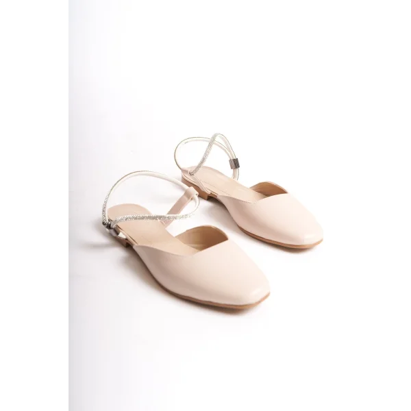 CAROLINE Lastikli Ortopedik Rahat Taban Bilekten Taş Detaylı Kadın Babet Ayakkabı  CKT - Krem