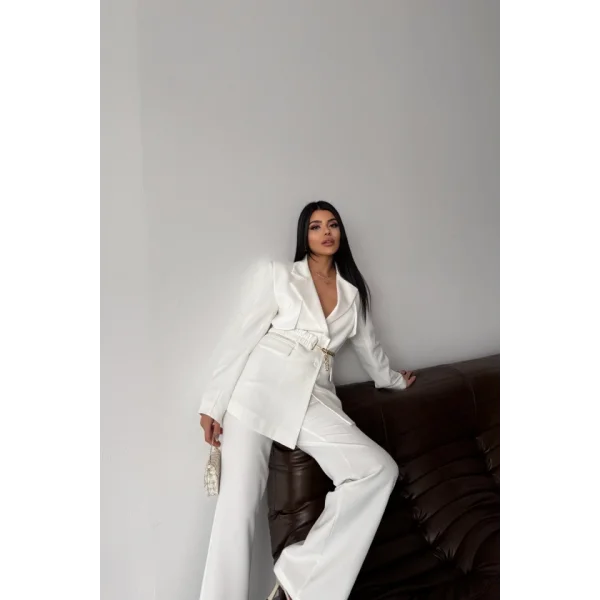 CEKET PANTOLON TAKIM TASARIM ZİNCİR  KEMER DETAYLI - Beyaz