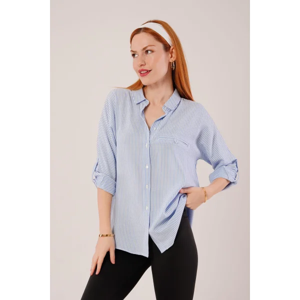 Cep Detay Çizgili Oversize avi Gömlek