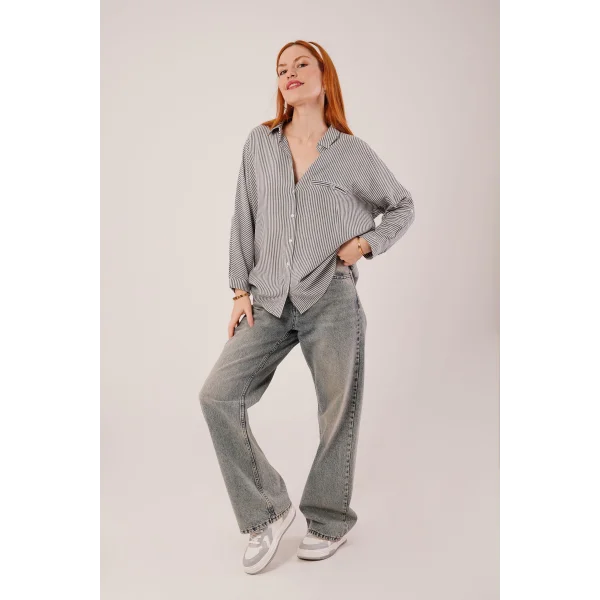 Cep Detay Çizgili Oversize Gri Gömlek