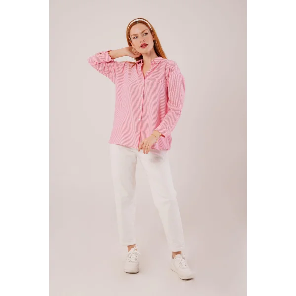 Cep Detay Çizgili Oversize Pembe Gömlek