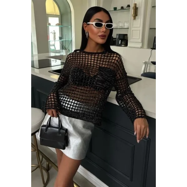 Cep Detay Simli Ajurlu Triko Bluz 1361