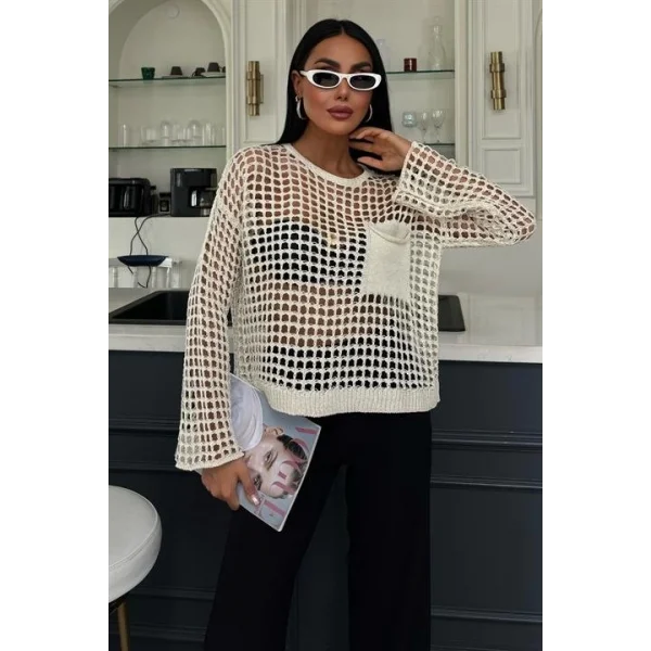 Cep Detay Simli Ajurlu Triko Bluz 1361