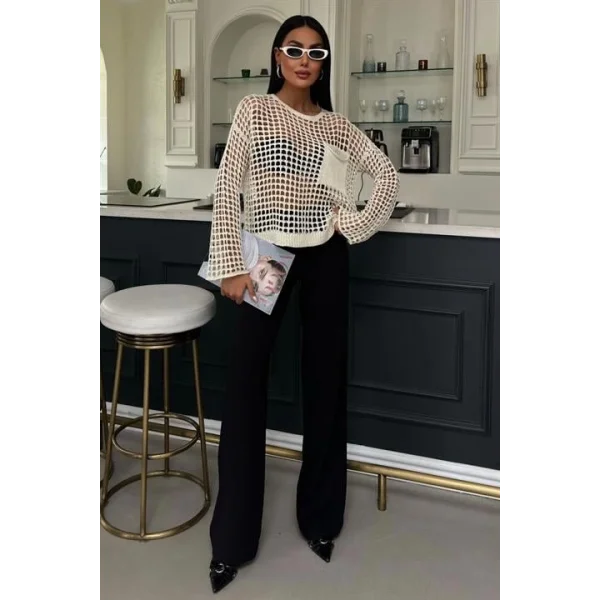 Cep Detay Simli Ajurlu Triko Bluz 1361