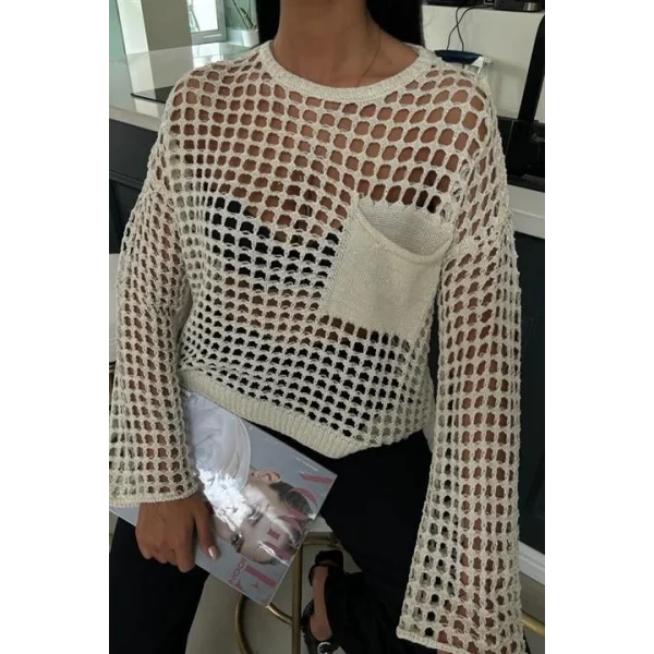 Cep Detay Simli Ajurlu Triko Bluz 1361