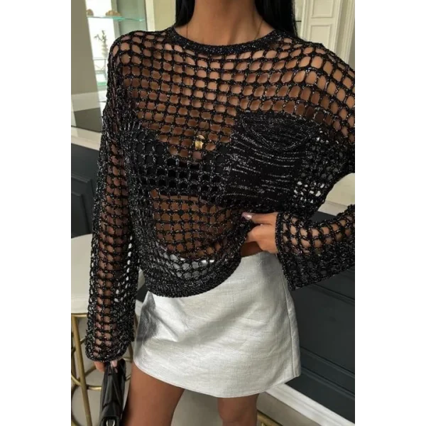 Cep Detay Simli Ajurlu Triko Bluz 1361