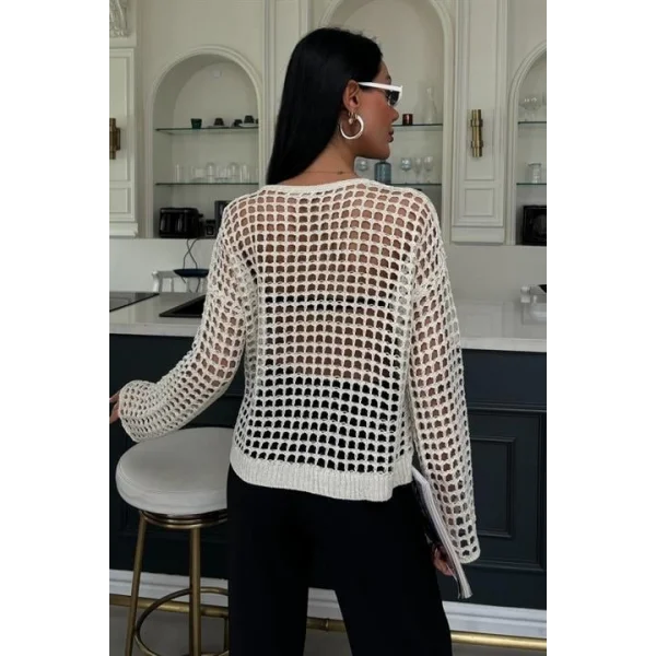 Cep Detay Simli Ajurlu Triko Bluz 1361