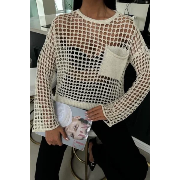 Cep Detay Simli Ajurlu Triko Bluz 1361