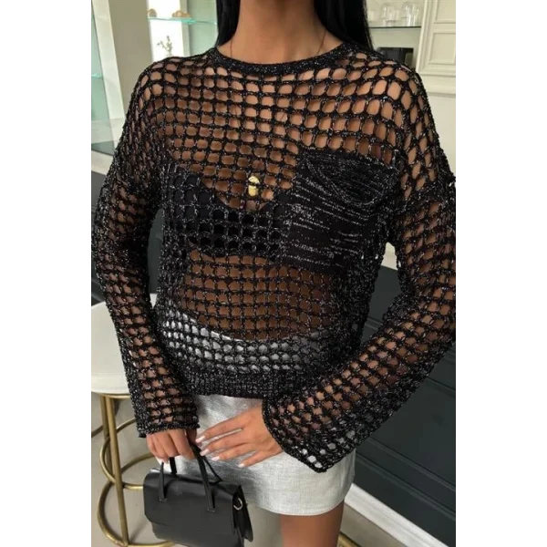 Cep Detay Simli Ajurlu Triko Bluz 1361