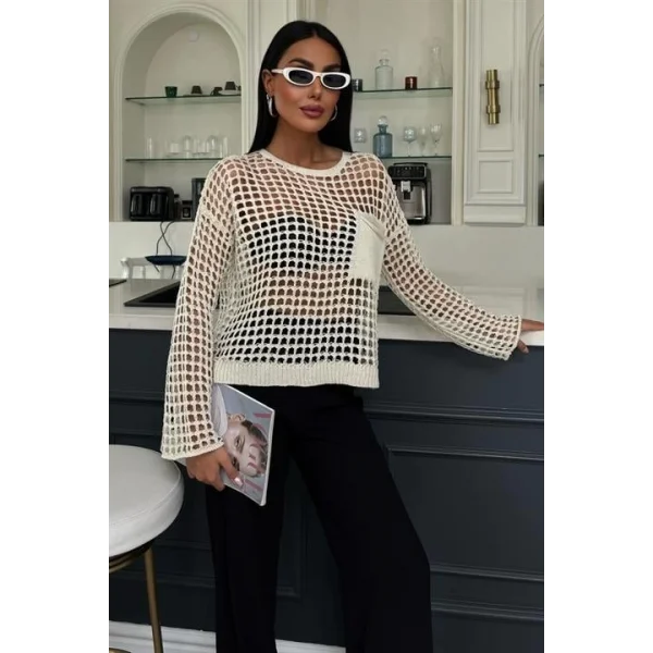 Cep Detay Simli Ajurlu Triko Bluz 1361