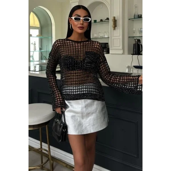 Cep Detay Simli Ajurlu Triko Bluz 1361