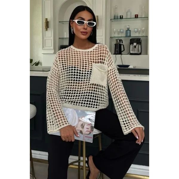 Cep Detay Simli Ajurlu Triko Bluz 1361