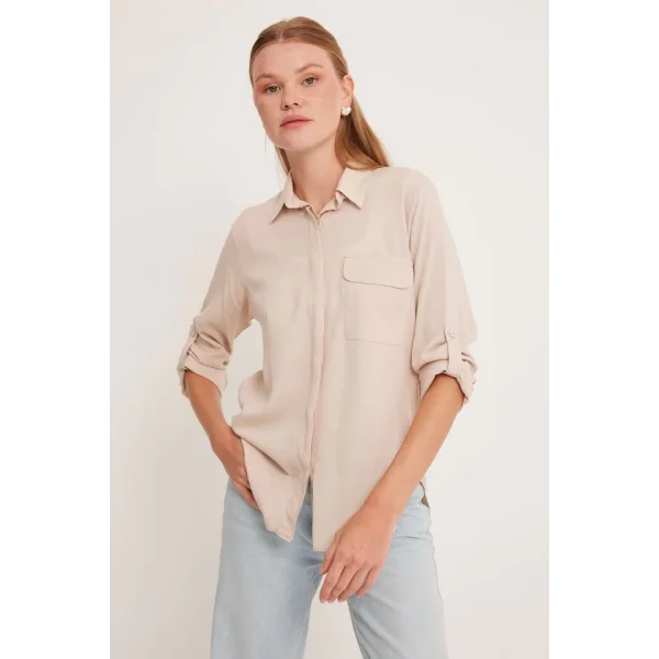 Cep Detaylı Gömlek 20234  Krem