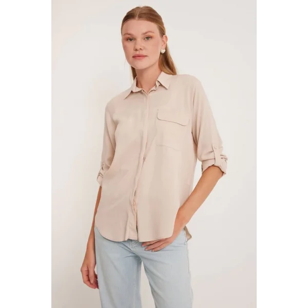 Cep Detaylı Gömlek 20234  Krem