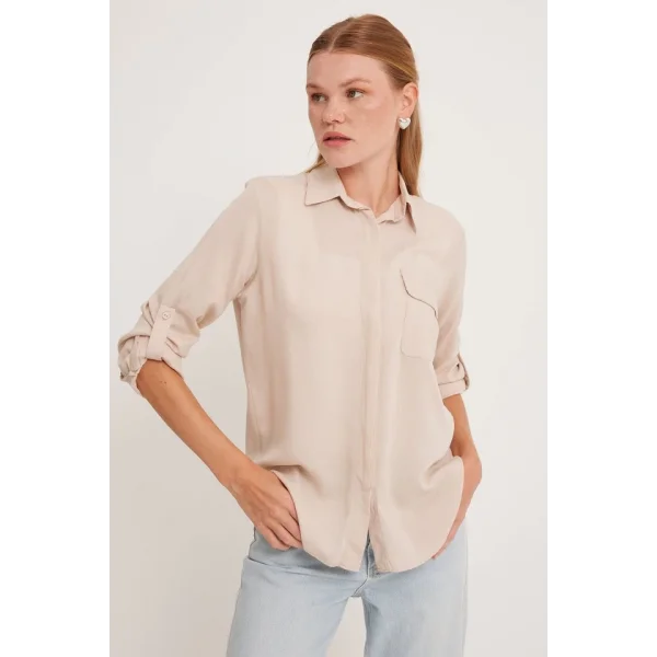 Cep Detaylı Gömlek 20234  Krem
