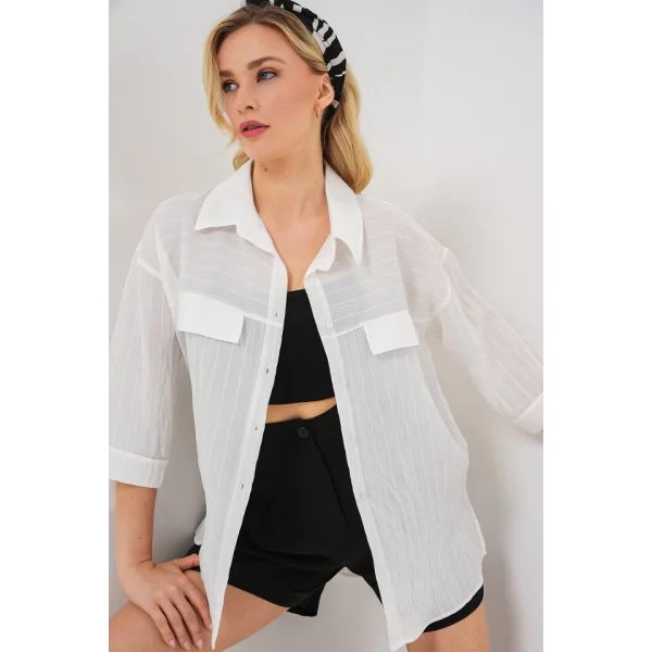 Cep Detaylı Kısa Kol Gömlek 20317 - Beyaz
