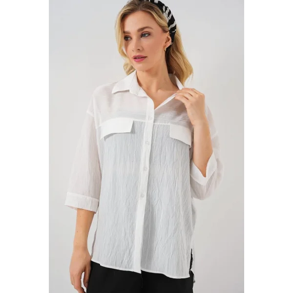 Cep Detaylı Kısa Kol Gömlek 20317 - Beyaz