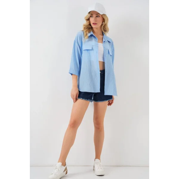 Cep Detaylı Kısa Kol Gömlek 20317 - Mavi