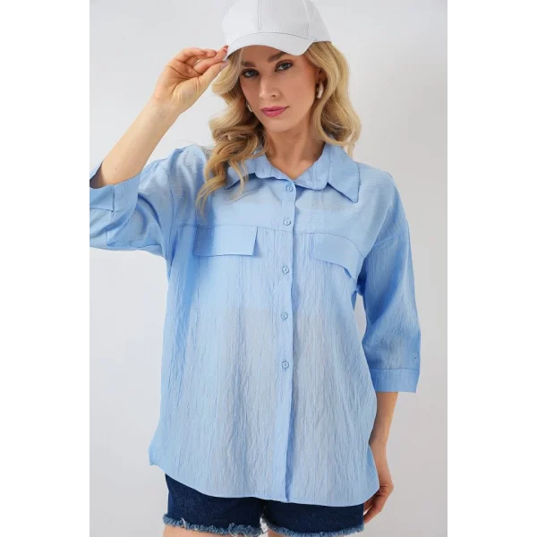 Cep Detaylı Kısa Kol Gömlek 20317 - Mavi