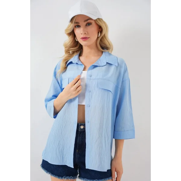 Cep Detaylı Kısa Kol Gömlek 20317 - Mavi