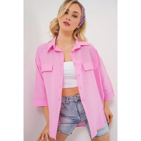 Cep Detaylı Kısa Kol Gömlek 20317 - Pembe