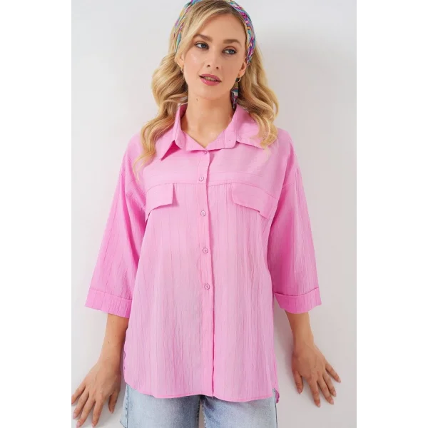 Cep Detaylı Kısa Kol Gömlek 20317 - Pembe