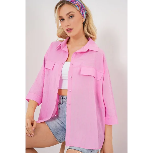 Cep Detaylı Kısa Kol Gömlek 20317 - Pembe