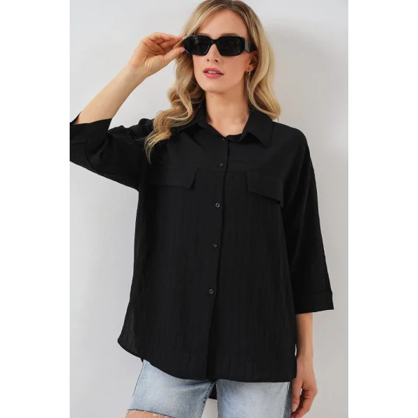 Cep Detaylı Kısa Kol Gömlek 20317 - Siyah