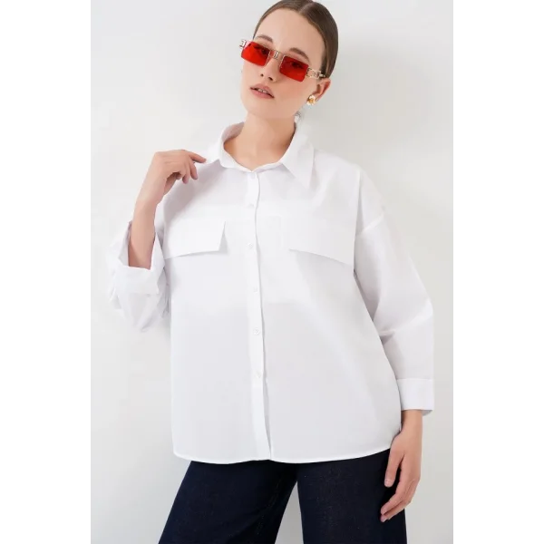 Cep Detaylı Oversize Gömlek 20313 - Beyaz