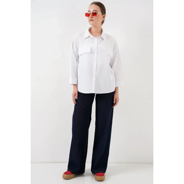 Cep Detaylı Oversize Gömlek 20313 - Beyaz