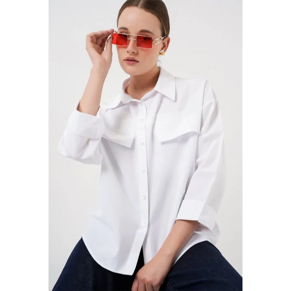 Cep Detaylı Oversize Gömlek 20313 - Beyaz