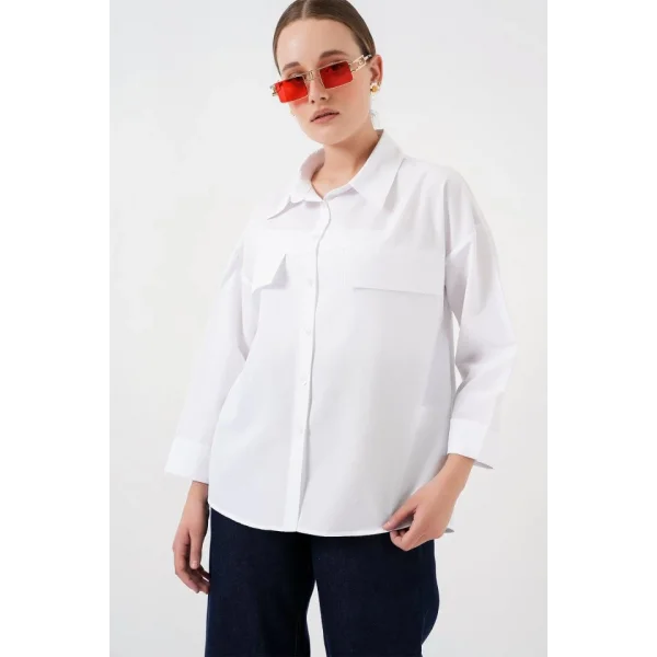 Cep Detaylı Oversize Gömlek 20313 - Beyaz