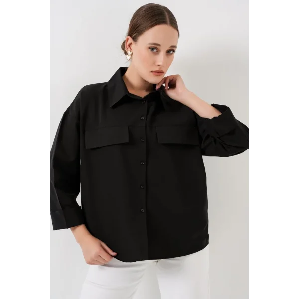 Cep Detaylı Oversize Gömlek 20313 - Siyah
