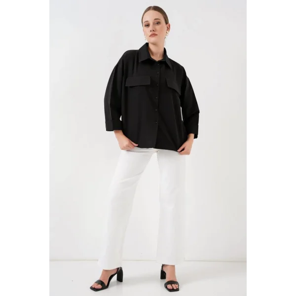 Cep Detaylı Oversize Gömlek 20313 - Siyah