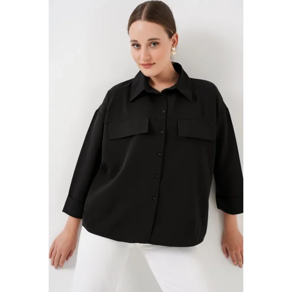 Cep Detaylı Oversize Gömlek 20313 - Siyah