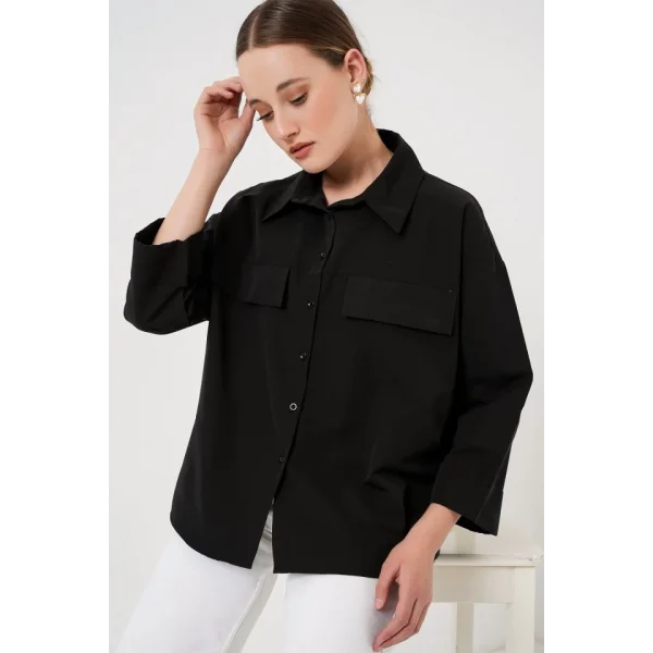 Cep Detaylı Oversize Gömlek 20313 - Siyah