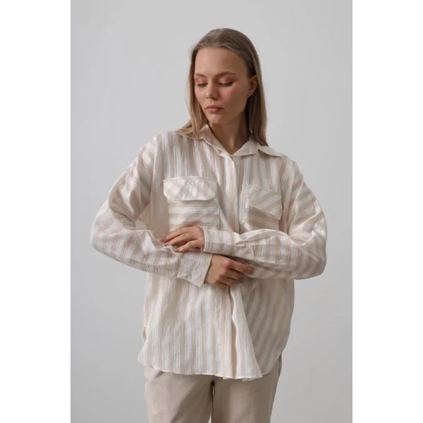 Cep Detaylı Oversize Gömlek - Bej