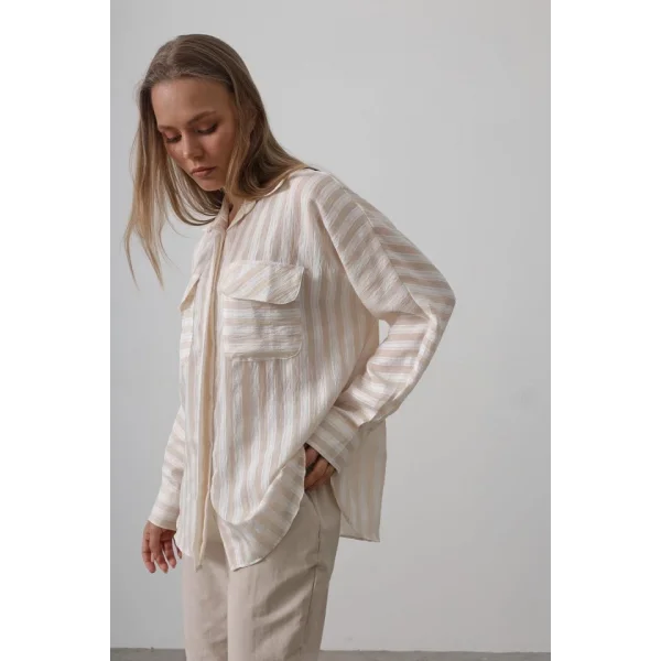 Cep Detaylı Oversize Gömlek - Bej