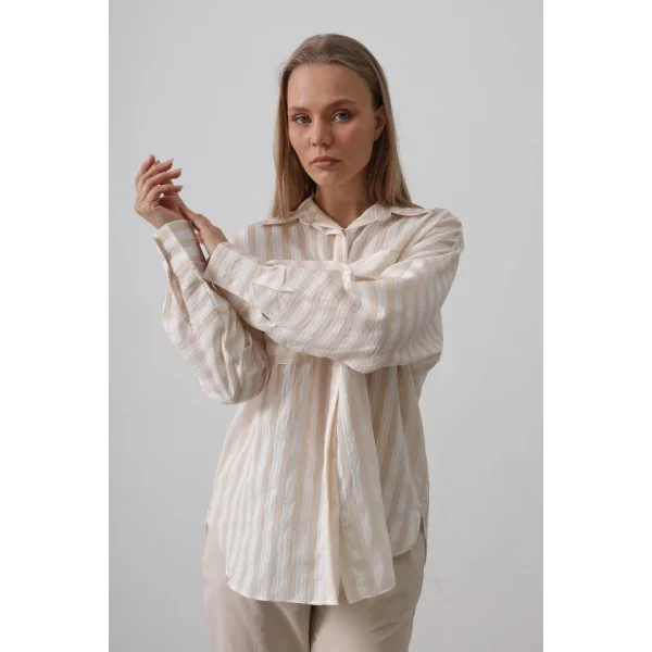 Cep Detaylı Oversize Gömlek - Bej