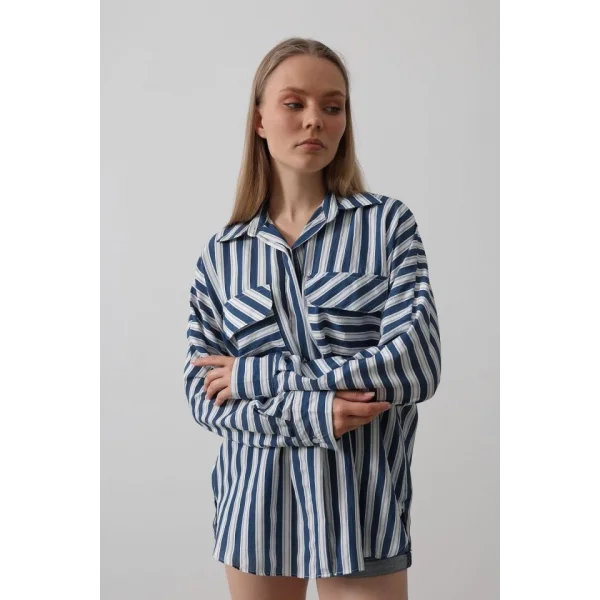 Cep Detaylı Oversize Gömlek - Lacivert