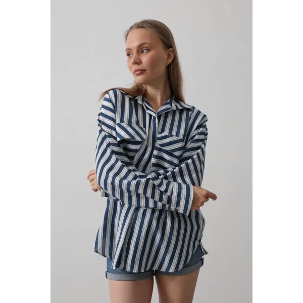 Cep Detaylı Oversize Gömlek - Lacivert