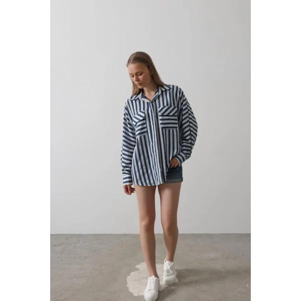 Cep Detaylı Oversize Gömlek - Lacivert