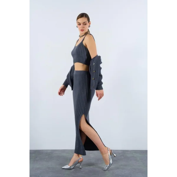 Cepli Düğmeli Üçlü Takım  Açık Füme