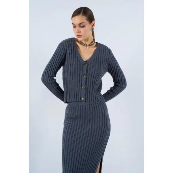 Cepli Düğmeli Üçlü Takım  Açık Füme