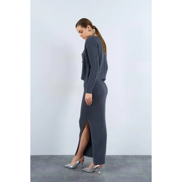 Cepli Düğmeli Üçlü Takım  Açık Füme