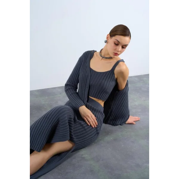 Cepli Düğmeli Üçlü Takım  Açık Füme