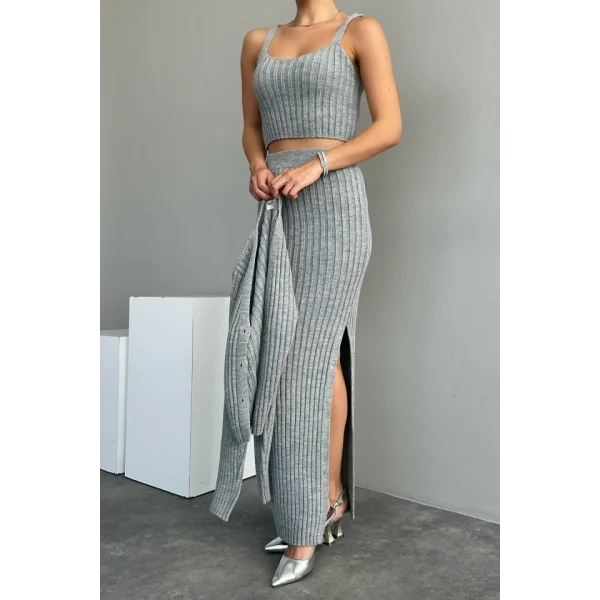 Cepli Düğmeli Üçlü Takım  Açık Gri